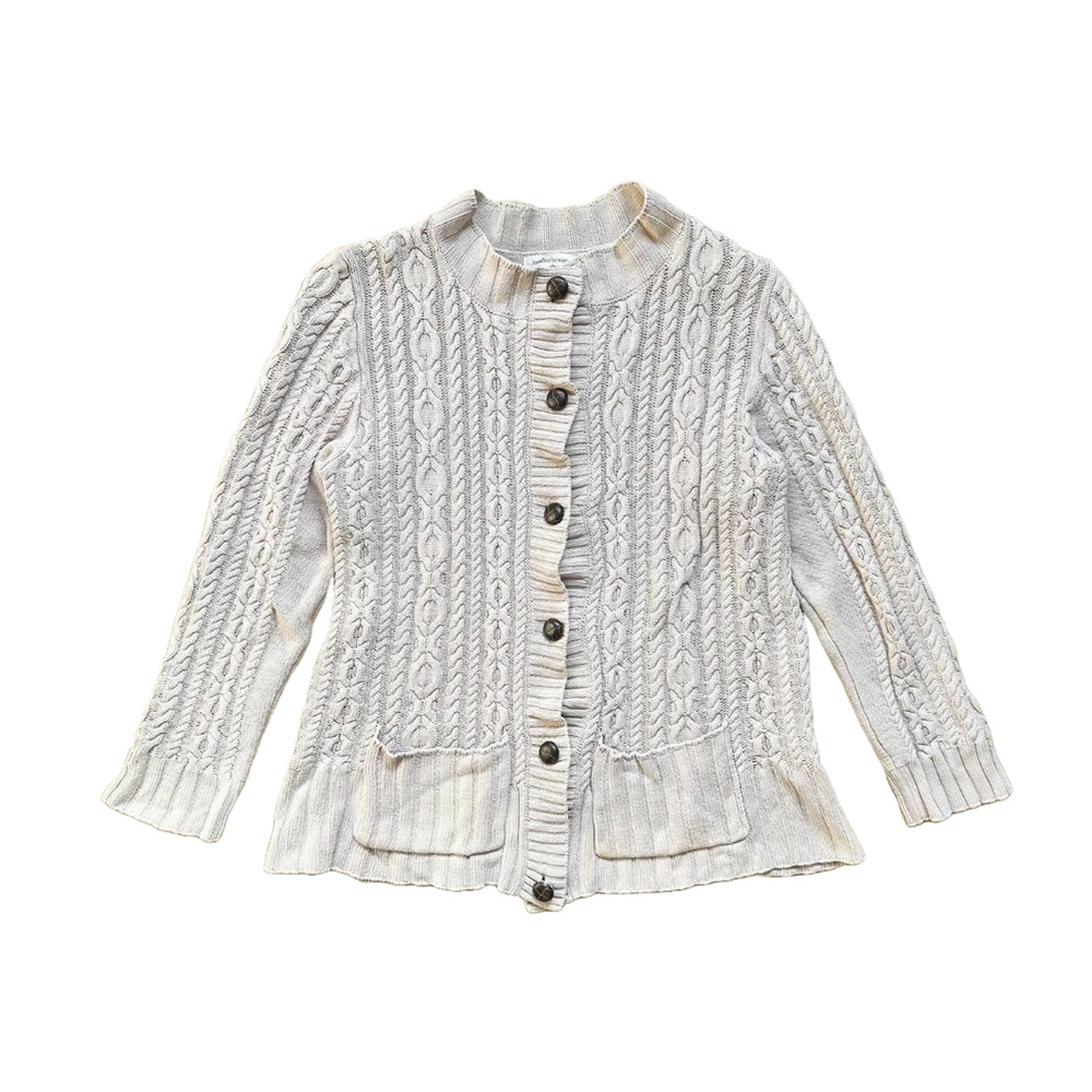 Vtg Womens Cable Knit Sweater Cardigan L Beige Grannycore Cottagecore Minimalist